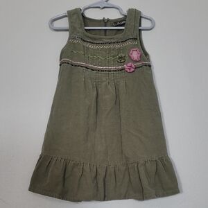 LA Girls Corduroy Dress Size 4/5 Green 3D Knit Floral Sleeveless Ruffle